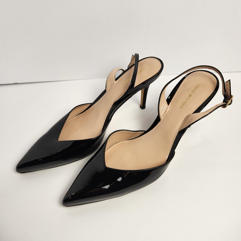 Stuart Weitzman Black Patent Leather Pointed Slingback Heels